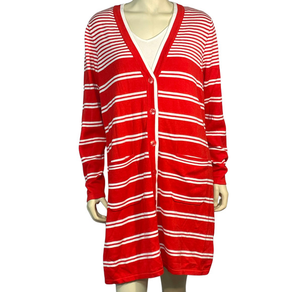 Isaac Mizrahi Sz L Long Duster Cardigan V-Neck Long Sleeve Red/White Stripe New - Picture 1 of 11